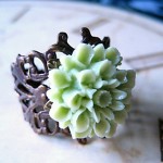 You Choose Your Color Filigree and the Chrysanthemum Ring with Sage Green Beaded Pouch
