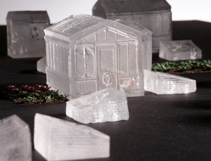 A detail from ‘Fringe’ a miniature glass allotment made from lost-wax kiln-cast lead crystal and Silver Art Clay.