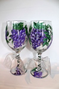 Wine Glass Hand Painted Grapes and Leaves by Brusheswithaview