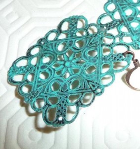 Verdigris earrings Copper lace filigree green blue baby blue teal round hoops pattern turquoise copper by mmgem