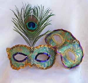 Couples Mardi Gras Masquerade Ball Masks in Leather and Peacock Brocade by DaraGallery